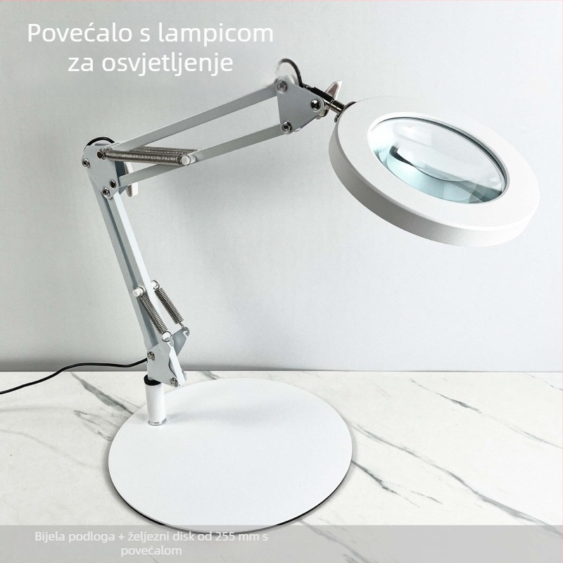 Stolna lampa s povećalom, dugim savitljivim ramom, metalnim sjenilom — CRI ≥90; USB napajanje; Napon ≤36V; CE certifikat