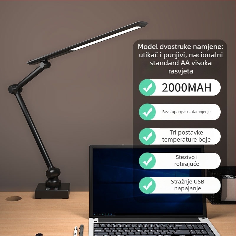 LED stolna lampica s klipom, sklopivi dugi vrat, zaštita očiju, USB napajanje