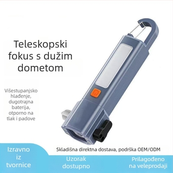 Ručna LED baterija s automobilskim sigurnosnim čekićem i funkcijom lomljenja stakla, 18650 baterija, 1200 mAh, 200 lm, IP56, vrijeme punjenja 2–3 sata