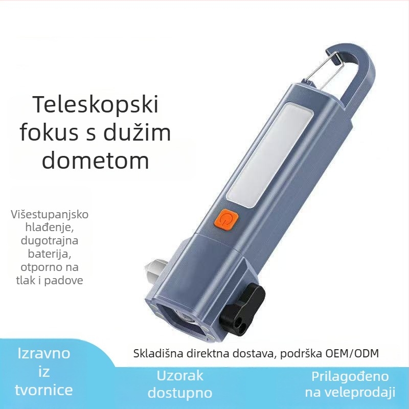 Ručna LED baterija s automobilskim sigurnosnim čekićem i funkcijom lomljenja stakla, 18650 baterija, 1200 mAh, 200 lm, IP56, vrijeme punjenja 2–3 sata