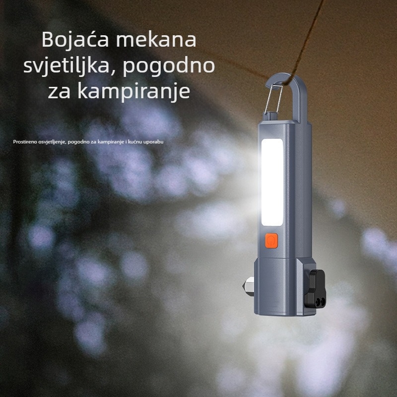 Ručna LED baterija s automobilskim sigurnosnim čekićem i funkcijom lomljenja stakla, 18650 baterija, 1200 mAh, 200 lm, IP56, vrijeme punjenja 2–3 sata