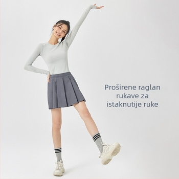 Ženski joga top – dugi rukav, polo ovratnik, jednobojna, spandex tkanina