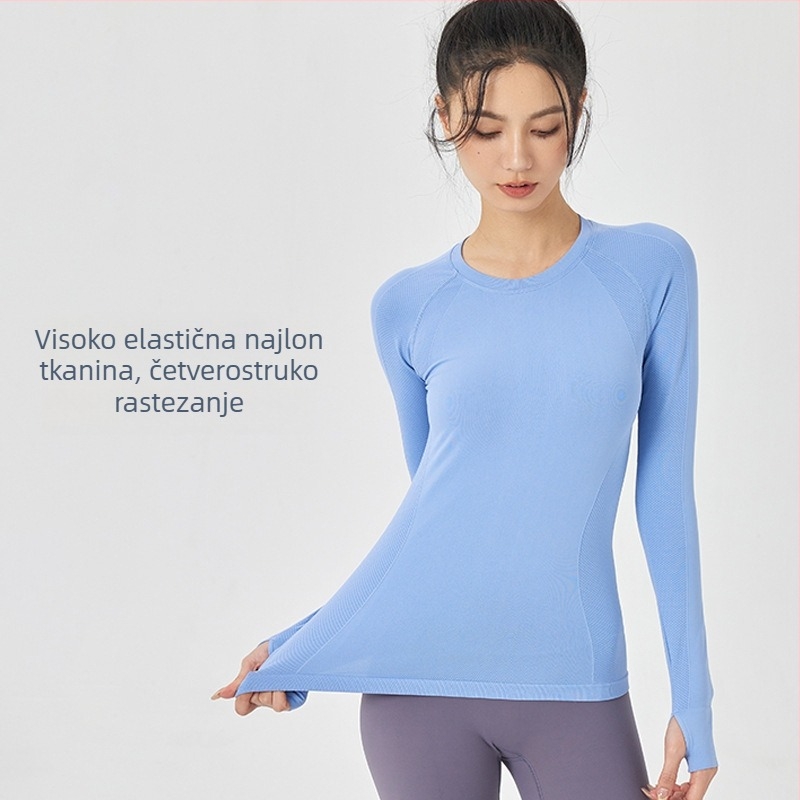 Ženski joga top – dugi rukav, polo ovratnik, jednobojna, spandex tkanina