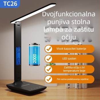 Sklopiva, punjiva stolna lampa s prikazom vremena, pogodna za učenje i ured, LED zaštita očiju (LED svjetlo; dodirni prekidač; napon ≤ 36V; napajanje iz utičnice; ROHS)