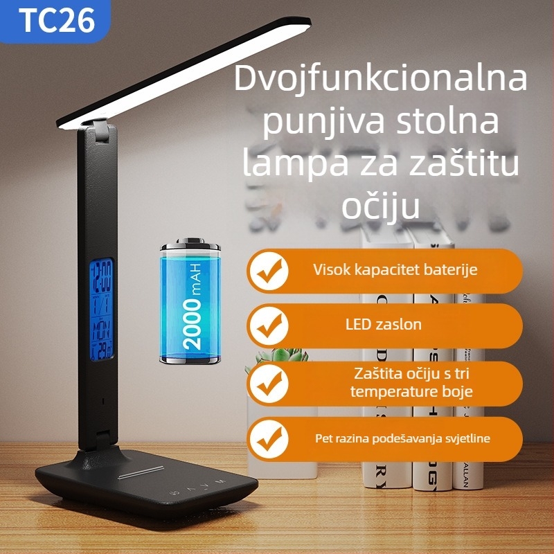 Sklopiva, punjiva stolna lampa s prikazom vremena, pogodna za učenje i ured, LED zaštita očiju (LED svjetlo; dodirni prekidač; napon ≤ 36V; napajanje iz utičnice; ROHS)