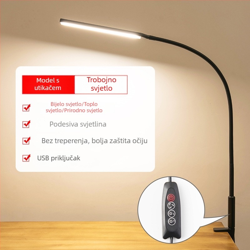 LED stolna lampa s dugim ramenom i klipsom za spavaću sobu, crtanje, računalo i ured