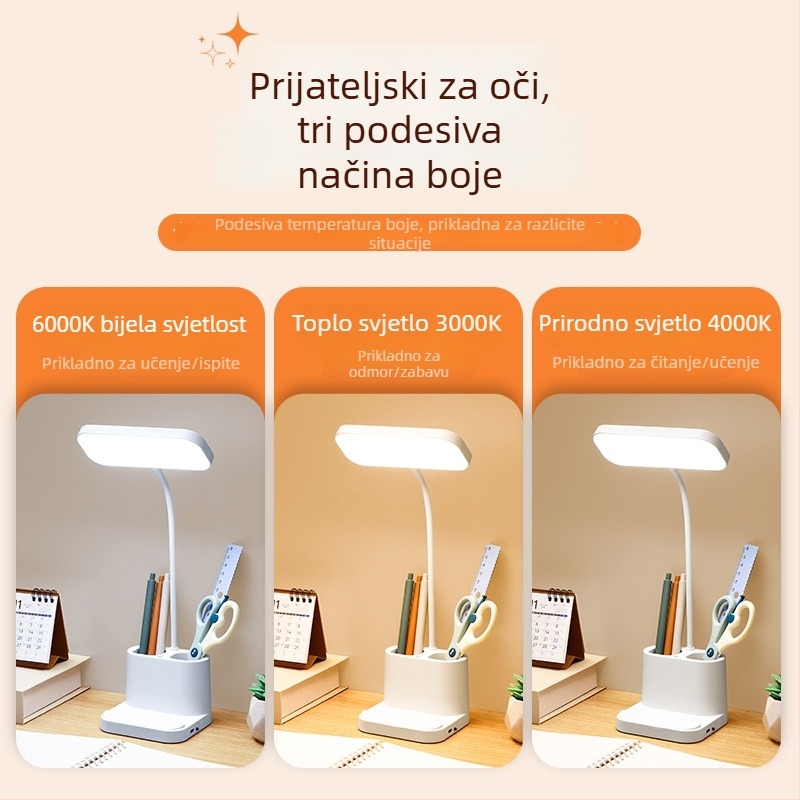 Stolna lampica za učenje s dodirnim upravljanjem, dvostruki držač olovaka, ugrađena litij baterija, LED 5W, CRI ≥90