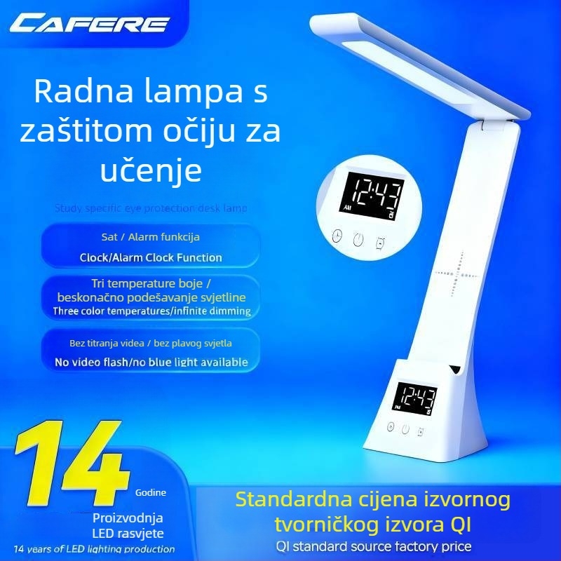 Stolna lampa s zaštitom očiju, sklopivi držač za telefon, bežično punjenje, USB napajanje, dodirni prekidač, za čitanje i pisanje
