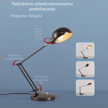 Nordijska metalna stolna lampa s dugim ramom, sklopiva, zaštita očiju i regulacija svjetla (110V, gumbasti prekidač, napajanje iz utičnice, inteligentna kontrola)