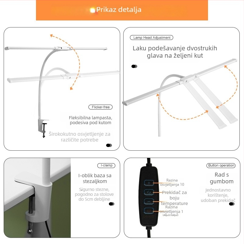 Dvostruka glava LED stolna lampa s zaštitom očiju, duga ručka, USB napajanje, CRI≥95