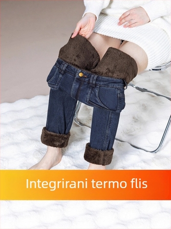 Ženske traperice s flis podstavom, visokim strukom, uskim krojem, elastičnim pojasom, pamuk-stretch denim