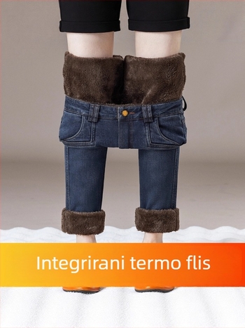 Ženske traperice s flis podstavom, visokim strukom, uskim krojem, elastičnim pojasom, pamuk-stretch denim
