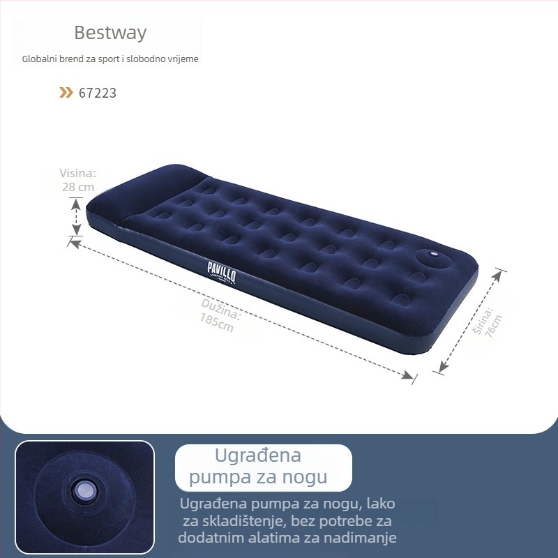 Bestway naduhivajući krevet s ugrađenom pumpom stopalom, za jednostruki i dvostruki, prijenosni vanjski madrac s debelim dizajnom, flokirana površina, nosivost 330 kg