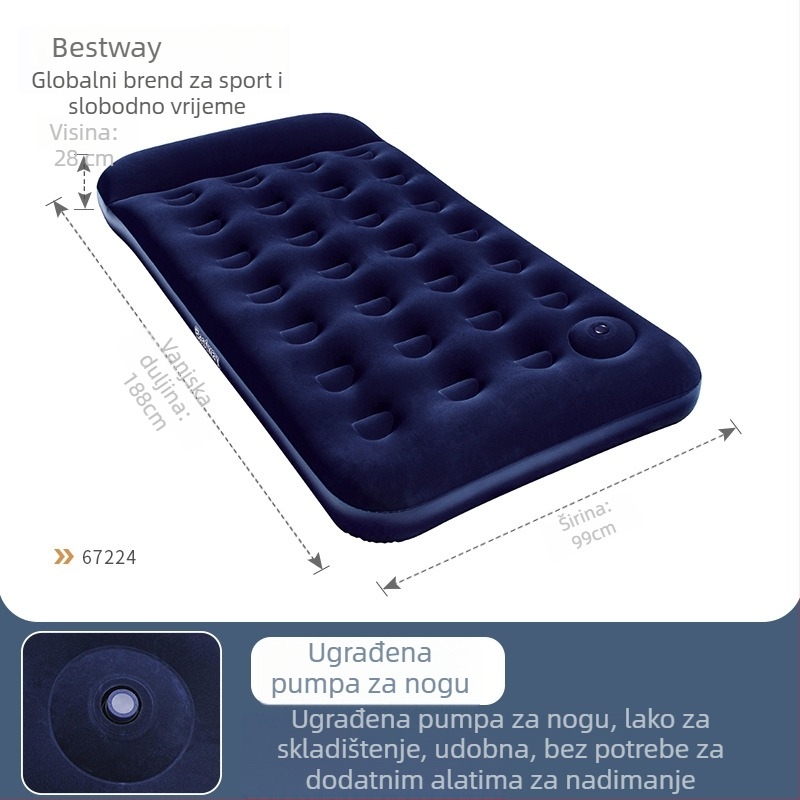 Bestway naduhivajući krevet s ugrađenom pumpom stopalom, za jednostruki i dvostruki, prijenosni vanjski madrac s debelim dizajnom, flokirana površina, nosivost 330 kg