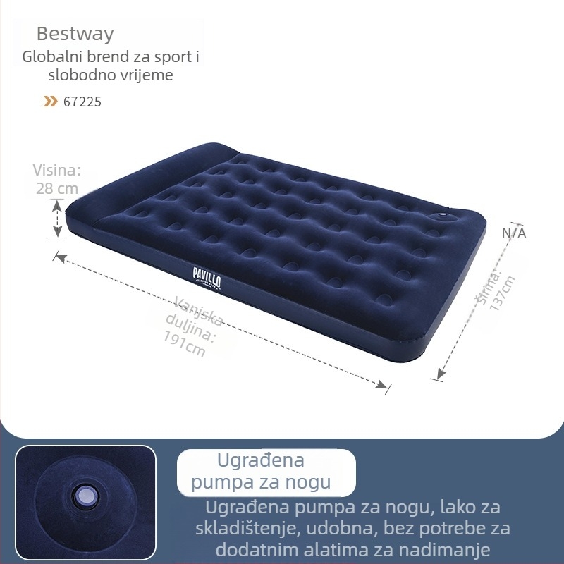 Bestway naduhivajući krevet s ugrađenom pumpom stopalom, za jednostruki i dvostruki, prijenosni vanjski madrac s debelim dizajnom, flokirana površina, nosivost 330 kg