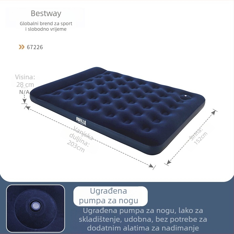 Bestway naduhivajući krevet s ugrađenom pumpom stopalom, za jednostruki i dvostruki, prijenosni vanjski madrac s debelim dizajnom, flokirana površina, nosivost 330 kg