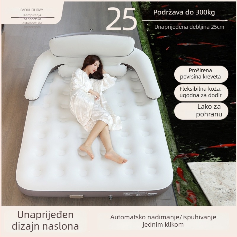 Naduvavajući krevet s naslonom za kampiranje na otvorenom — prenosiv, jednostavan za pohranu, stabilan; nosivost do 300 kg; površina s flokiranom teksturom