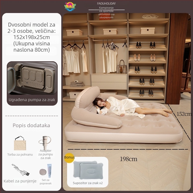 Naduvavajući krevet s naslonom za kampiranje na otvorenom — prenosiv, jednostavan za pohranu, stabilan; nosivost do 300 kg; površina s flokiranom teksturom