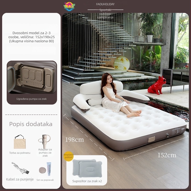 Naduvavajući krevet s naslonom za kampiranje na otvorenom — prenosiv, jednostavan za pohranu, stabilan; nosivost do 300 kg; površina s flokiranom teksturom