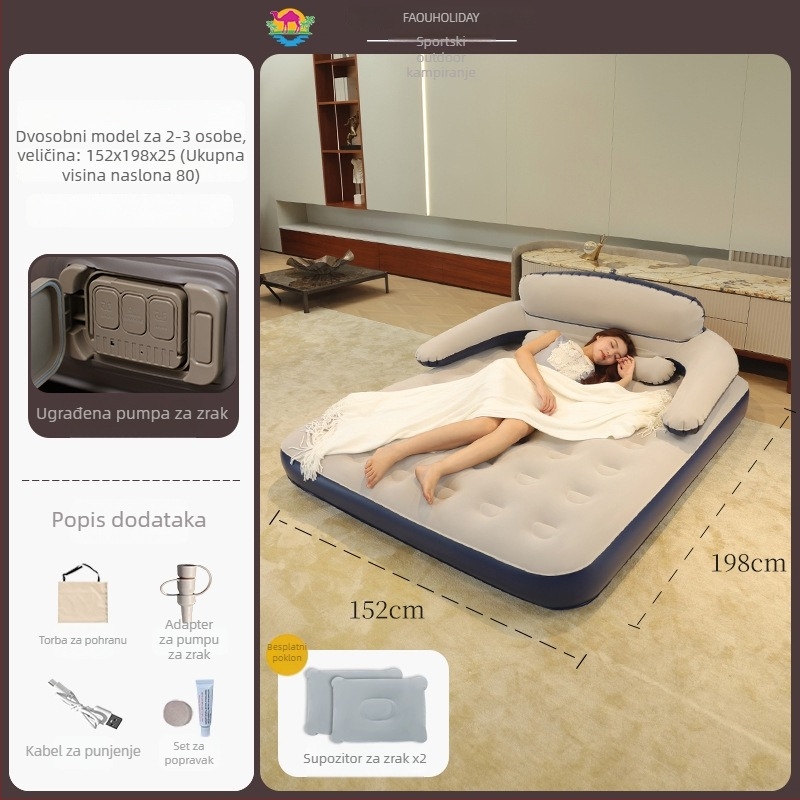 Naduvavajući krevet s naslonom za kampiranje na otvorenom — prenosiv, jednostavan za pohranu, stabilan; nosivost do 300 kg; površina s flokiranom teksturom