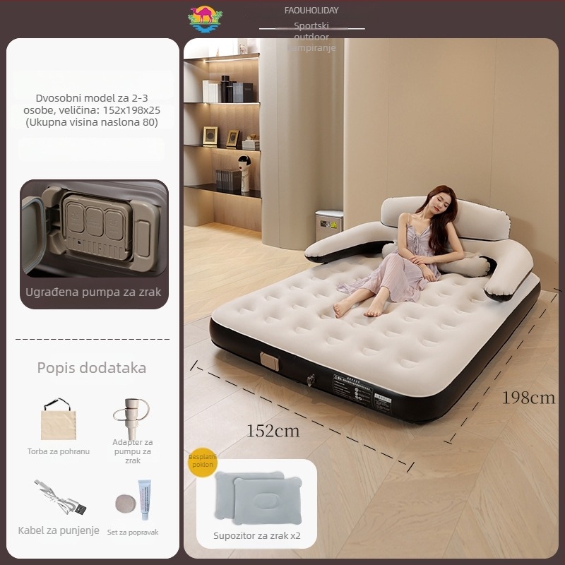 Naduvavajući krevet s naslonom za kampiranje na otvorenom — prenosiv, jednostavan za pohranu, stabilan; nosivost do 300 kg; površina s flokiranom teksturom
