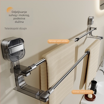 Držač za ručnike u kupaonici s usisnom čašom, okretno teleskopski, bez bušenja — plastika i nehrđajući čelik