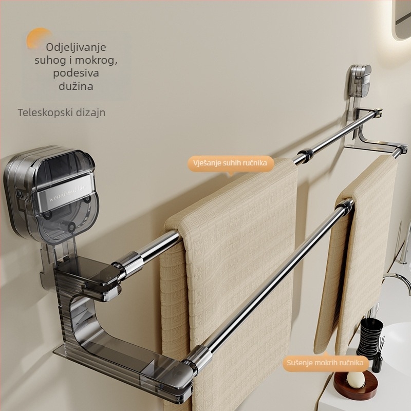 Držač za ručnike u kupaonici s usisnom čašom, okretno teleskopski, bez bušenja — plastika i nehrđajući čelik