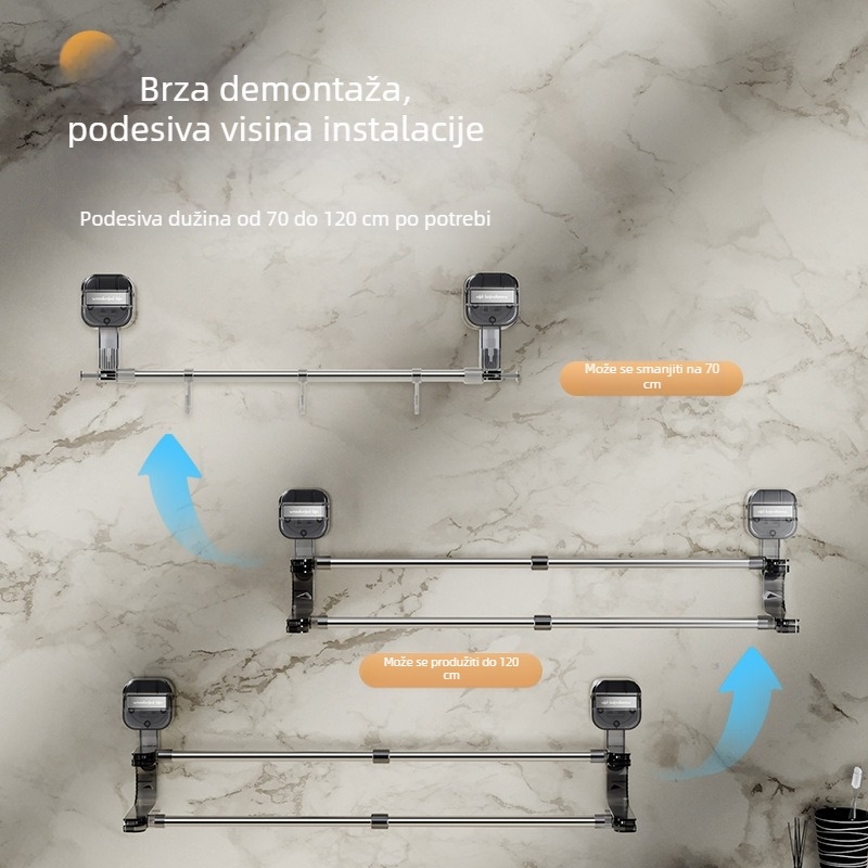 Držač za ručnike u kupaonici s usisnom čašom, okretno teleskopski, bez bušenja — plastika i nehrđajući čelik