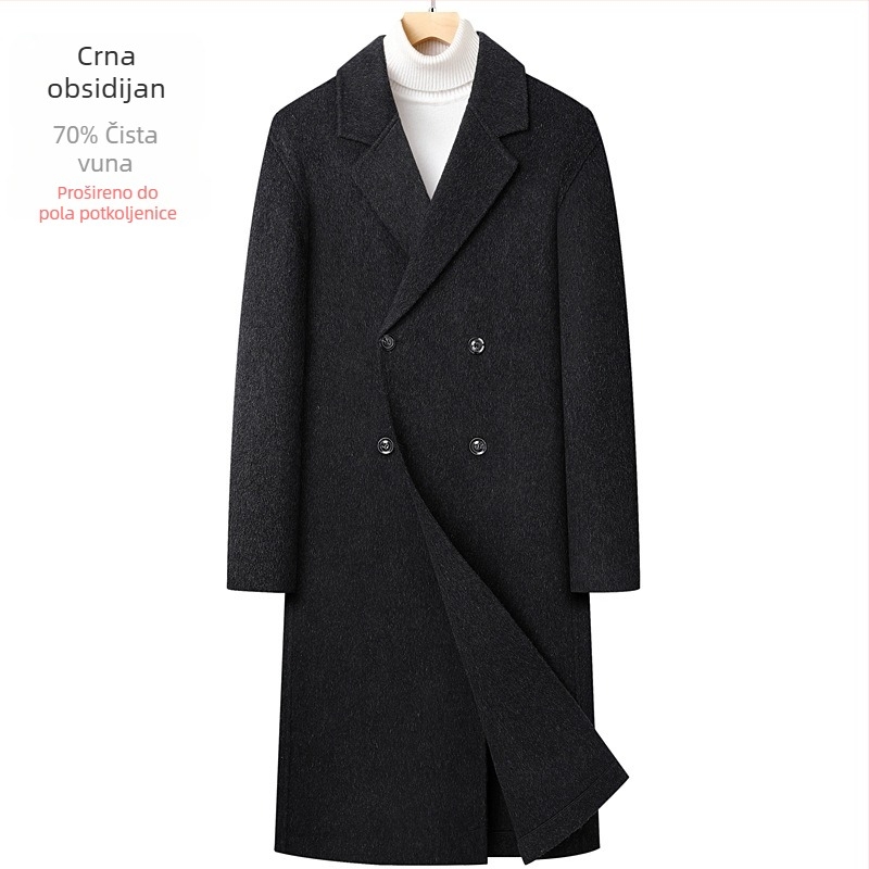 Vuneni kaput, dvostruko kopčanje, uski kroj, veliki rever, bočne džepove