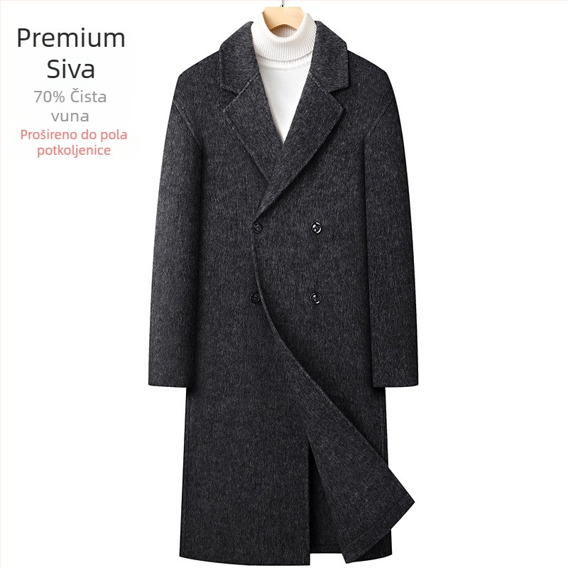 Vuneni kaput, dvostruko kopčanje, uski kroj, veliki rever, bočne džepove