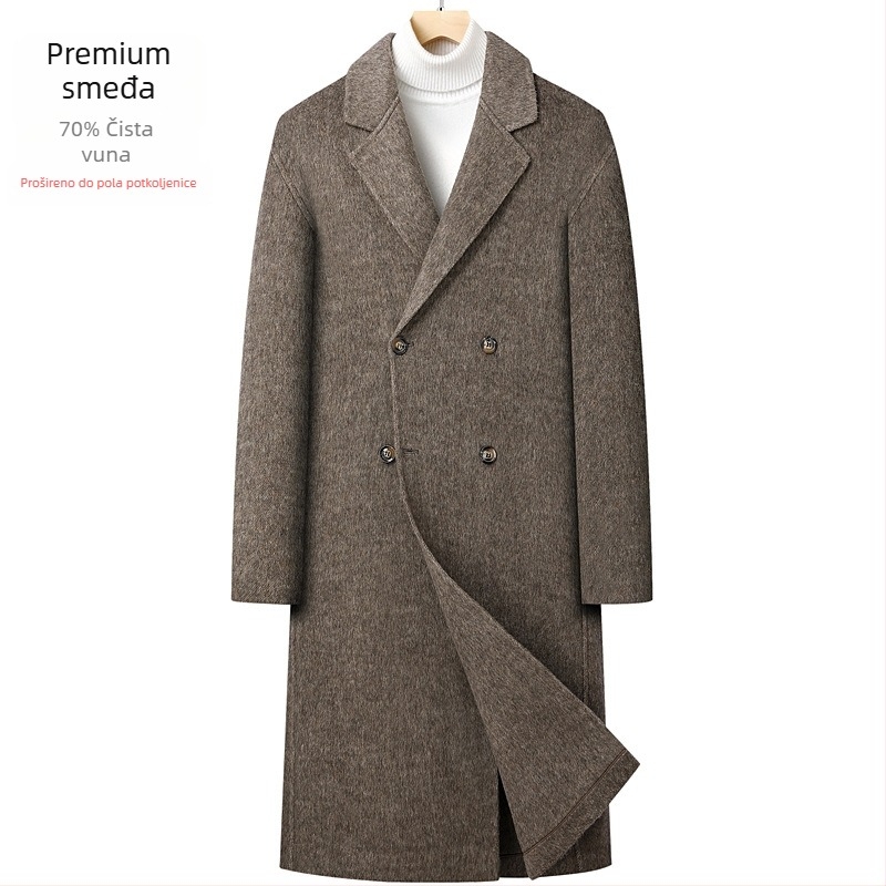 Vuneni kaput, dvostruko kopčanje, uski kroj, veliki rever, bočne džepove