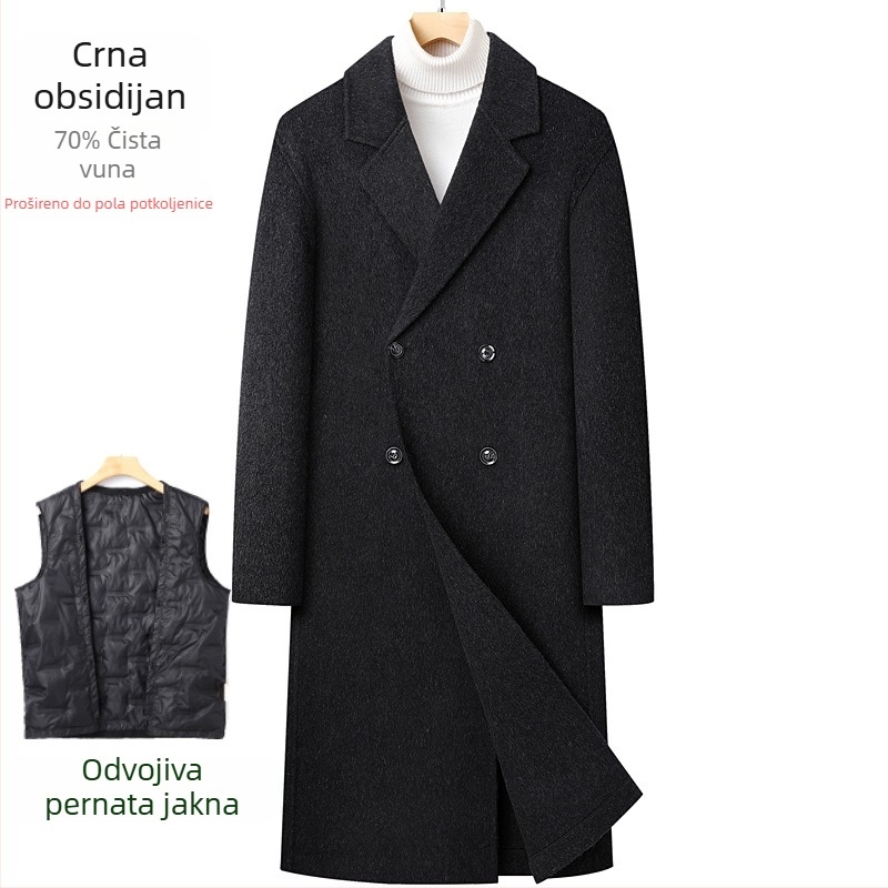 Vuneni kaput, dvostruko kopčanje, uski kroj, veliki rever, bočne džepove