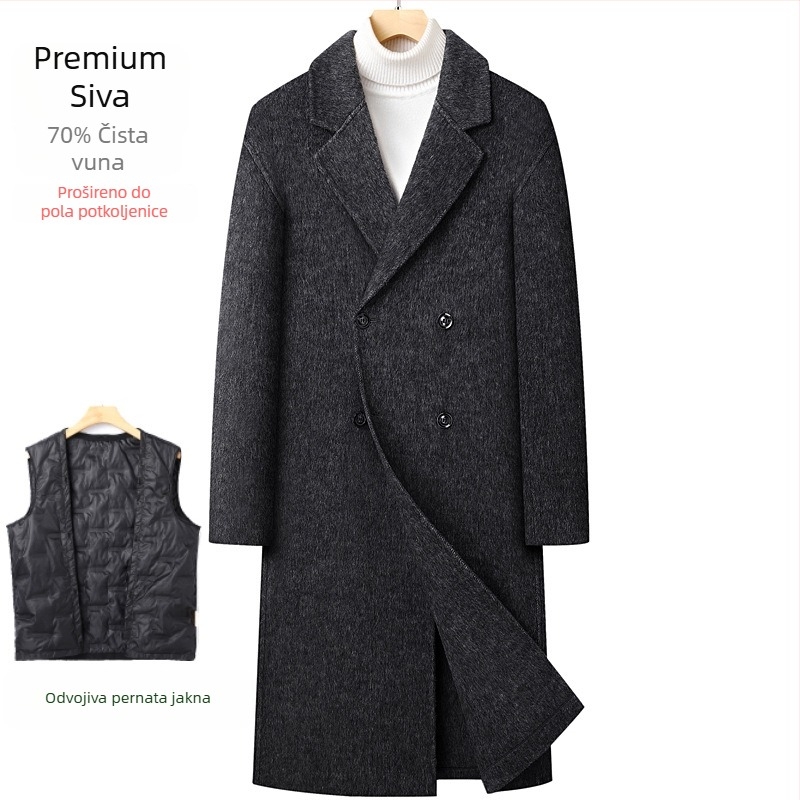 Vuneni kaput, dvostruko kopčanje, uski kroj, veliki rever, bočne džepove