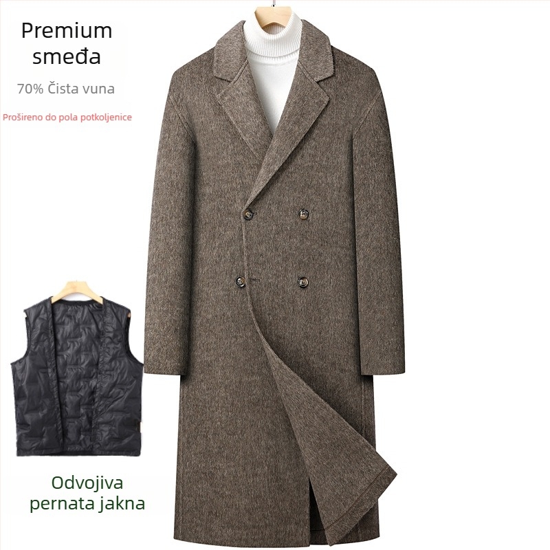 Vuneni kaput, dvostruko kopčanje, uski kroj, veliki rever, bočne džepove