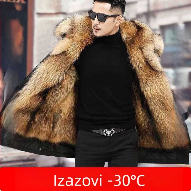 Dug muški parka jakna s kapuljačom i umjetnim krznom iznutra, uski kroj, zatvarač, zimska jakna