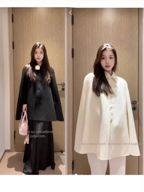 Ženski vuneni kaput s dvostrano obostranim vunenim, srednja duljina, U izrez, dugi rukavi