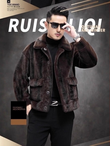 Dvostrano muški zimski kaput od umjetne norke krznе, ovratnik s reverom, kopčanje jednim gumbom, vintage stil