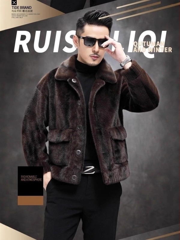 Dvostrano muški zimski kaput od umjetne norke krznе, ovratnik s reverom, kopčanje jednim gumbom, vintage stil