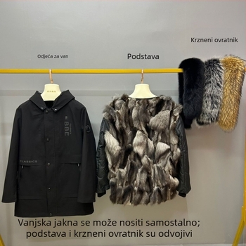 Muška zimska jakna s lisijim krznom, podstavljena, odvojiva kapuljača, srednja duljina, zatvarač