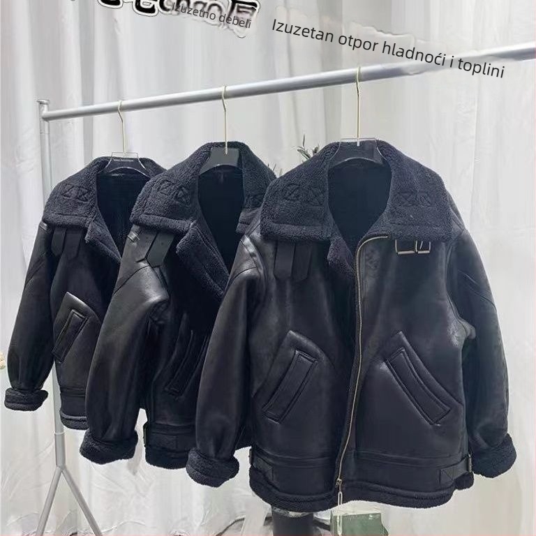 Zimska muška jakna za motocikle od suedea s pravim krznom, široka silueta, stojeći ovratnik, dvostruko kopčanje, patch džepovi