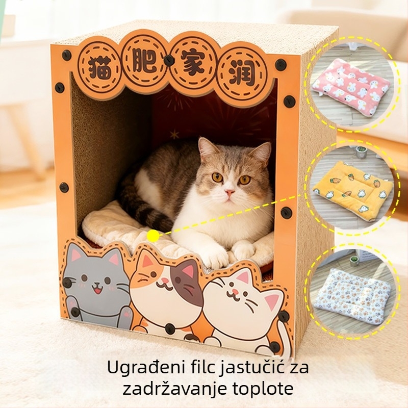 Daska za grebanje mačaka – Sve-u-jednom: staza za penjanje i gnijezdo, Cartoon stil, Model MZB1201, Brand Cute and Pet, Materijali: gusto ploča i valoviti papir, Pakiranje: 1 kom