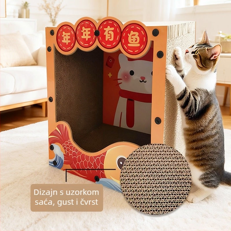 Daska za grebanje mačaka – Sve-u-jednom: staza za penjanje i gnijezdo, Cartoon stil, Model MZB1201, Brand Cute and Pet, Materijali: gusto ploča i valoviti papir, Pakiranje: 1 kom