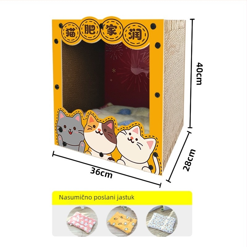 Daska za grebanje mačaka – Sve-u-jednom: staza za penjanje i gnijezdo, Cartoon stil, Model MZB1201, Brand Cute and Pet, Materijali: gusto ploča i valoviti papir, Pakiranje: 1 kom