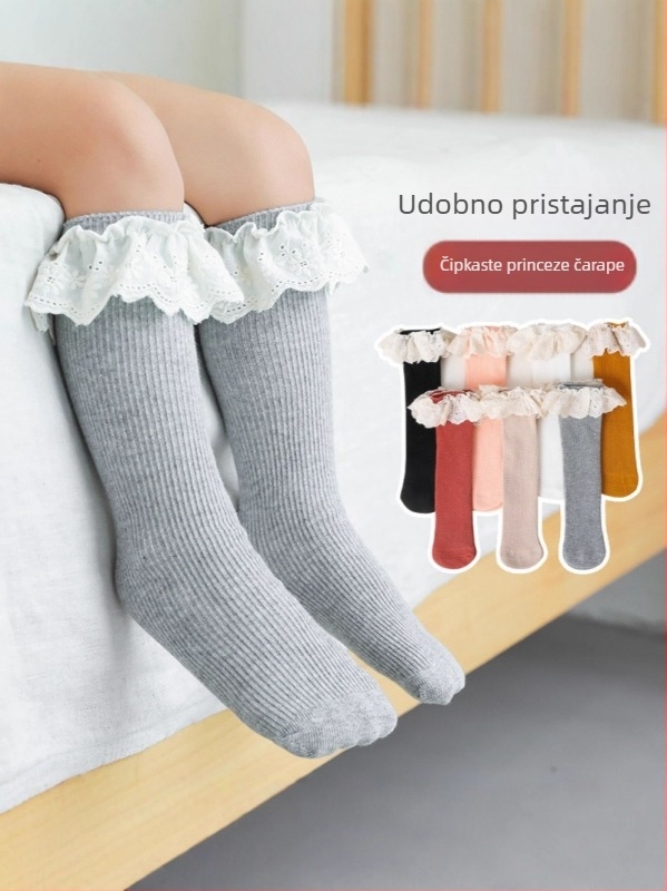 Dječje pamukaste čarape s Jacquard čipkom, dugi lem, proljeće-jesen, prozračne i upijajuće znoj.