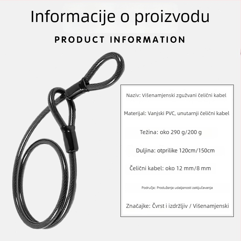 Lančana brava za bicikl s čeličnim kabelom | PVC premaz, vodootporna, protiv krađe, prijenosna; za bicikl, električno vozilo i motocikl