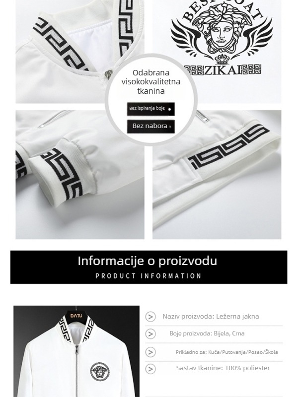 Muška jakna s izvezenim detaljima – korejski stil, zatvarač, uski kroj, dugi rukavi, poliester materijal