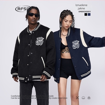 RFSD Unisex jakna s kontrastnom vezenom, zatvarač, širok kroj, otporna na vjetar, 90% poliester + 10% PU koža