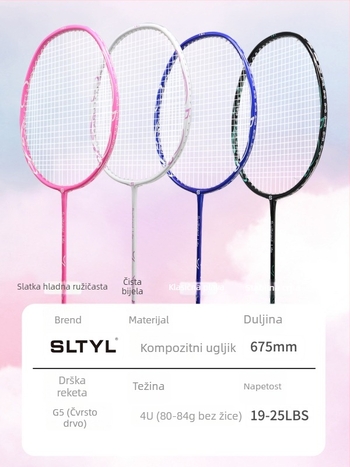 Raketa za badminton, okvir od karbonskih vlakana, masa 80-84 g, debljina drške G5, tip udarca: direktni udarac