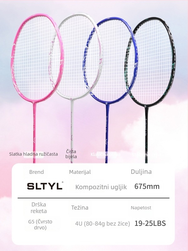 Raketa za badminton, okvir od karbonskih vlakana, masa 80-84 g, debljina drške G5, tip udarca: direktni udarac