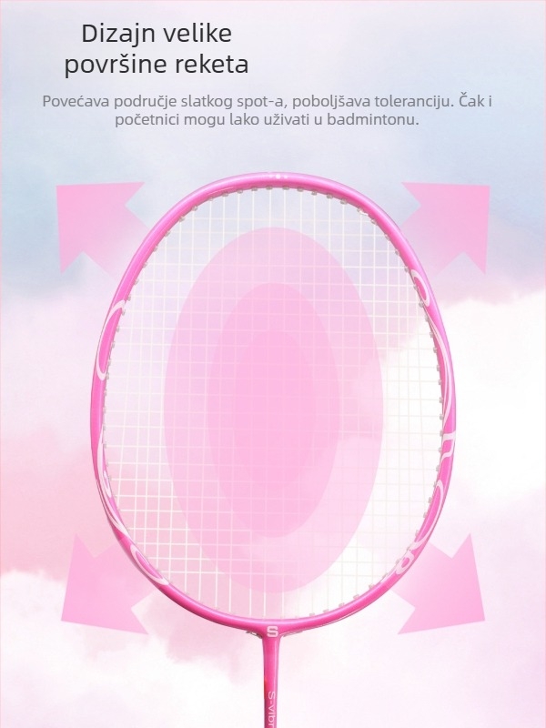 Raketa za badminton, okvir od karbonskih vlakana, masa 80-84 g, debljina drške G5, tip udarca: direktni udarac